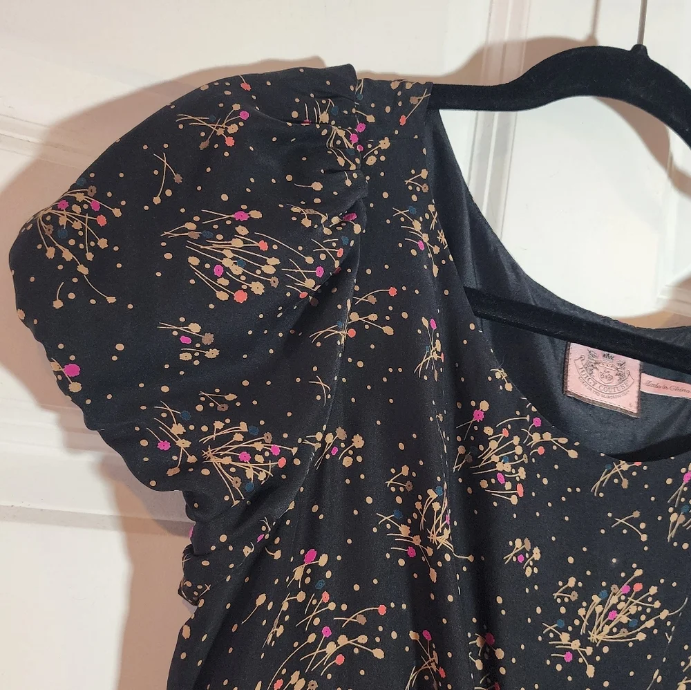 Juicy Couture Black Floral 100% Silk Tiered Ruffle Short Sleeve Dress Sz 6
